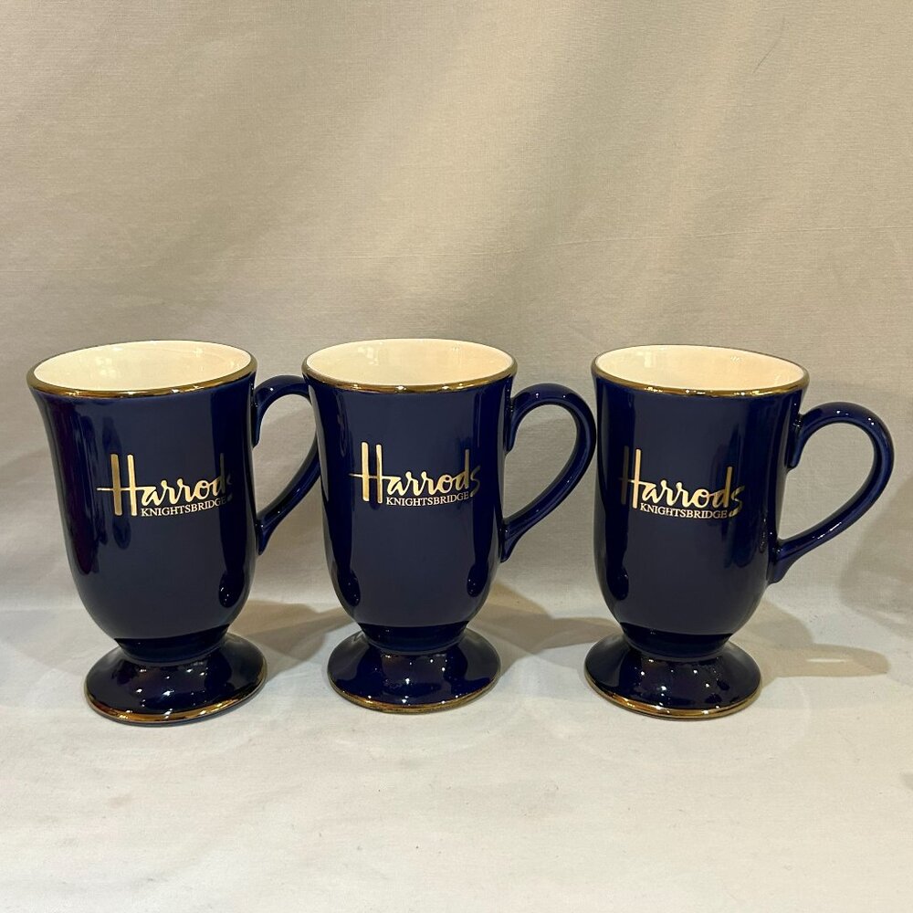 Set of 3 Harrods Knightsbridge Footed Irish Coffee Mugs Cobalt Blue & Gold EUC